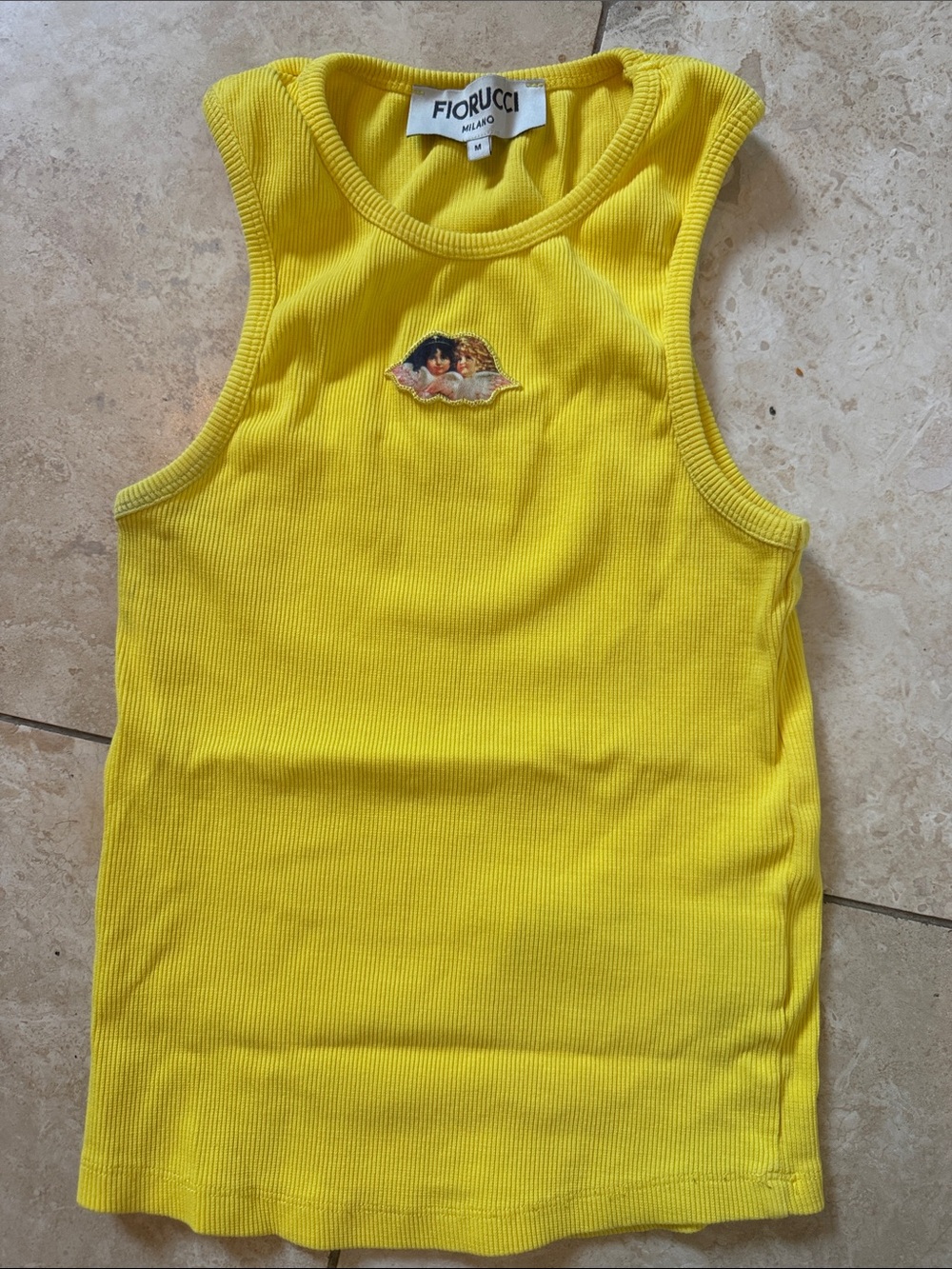 Fiorucci Bright Yellow Ribbed Tank with Cherub Patch